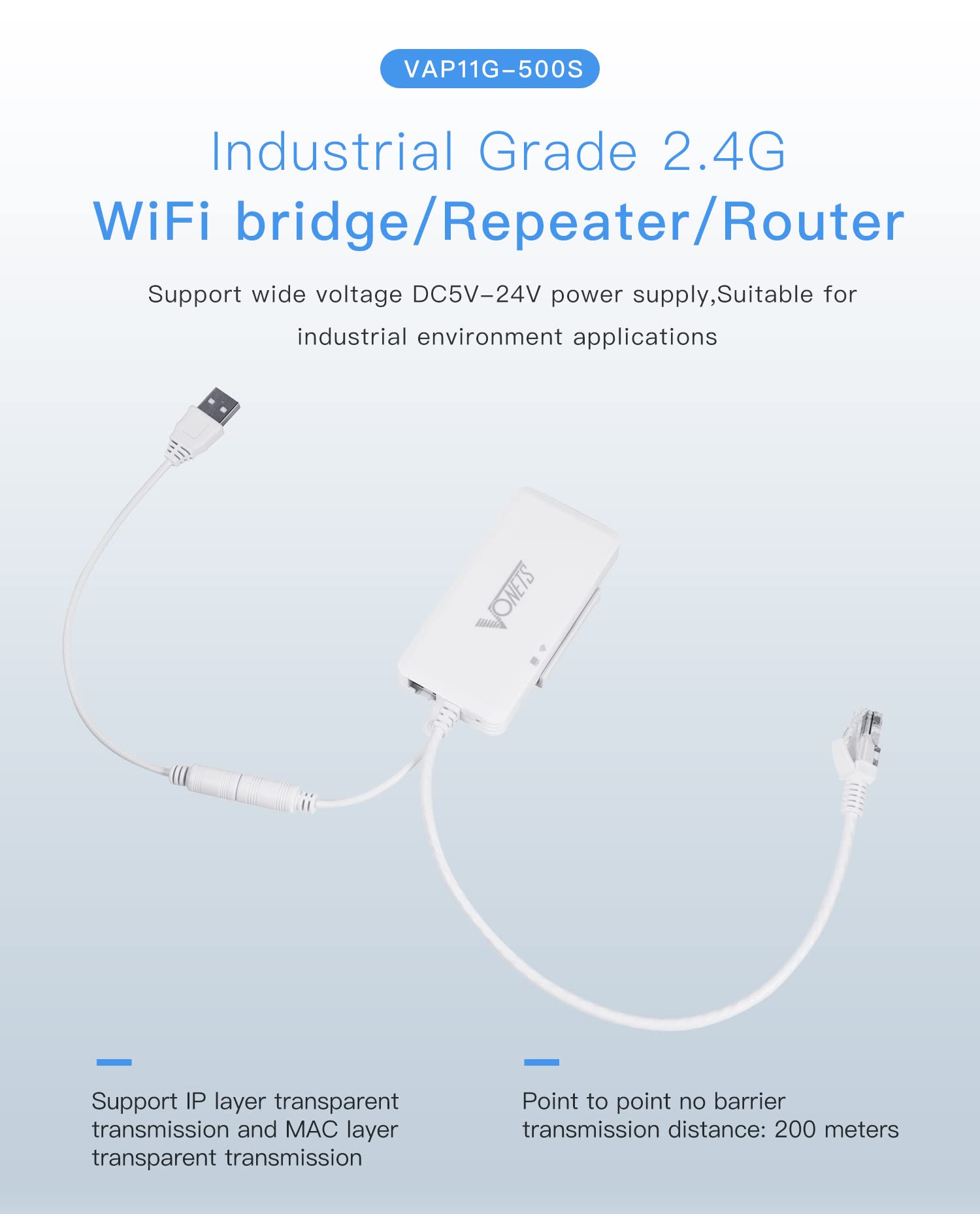 Vonets 2.4Ghz Wifi Router/Wireless Bridge Ethernet Repeater/Wifi Hotspot Extender/Signal Range Coverage, 2 Rj45 Ports For Network Printer, Ip Camera, Industrial Plc, Iot Network Devices Vap11G 500S