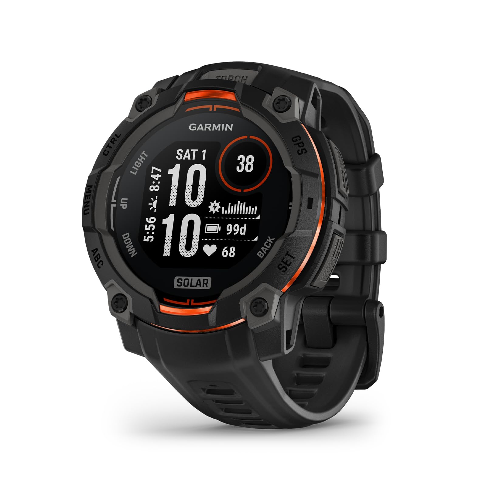 Garmin Instinct 3 45mm, Solar Charged Display, Rugged Outdoor GPS Smartwatch, MetalReinforced Bezel, Builtin Flashlight, Black