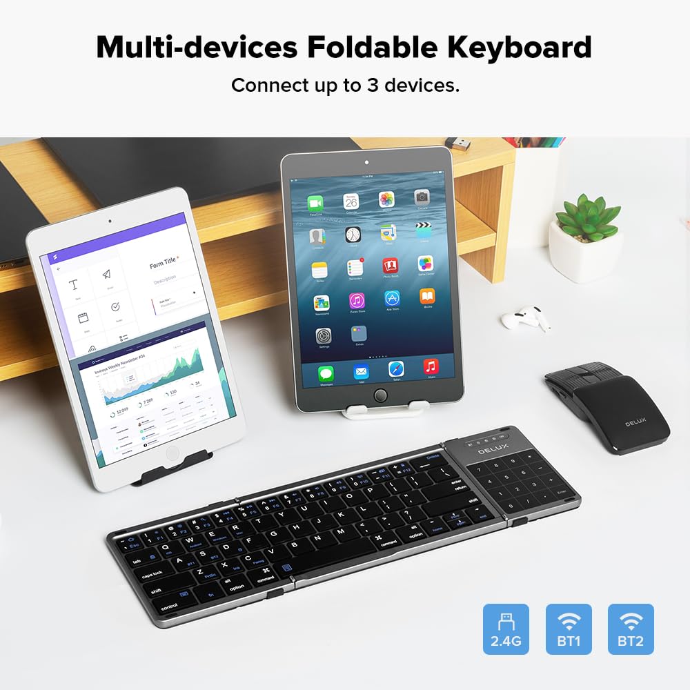 DeLUX Tri-fold Wireless Keyboard with Touchpad, Rechargeable Portable Folding Design, KF18, Compatible with iOS/Android/Windows