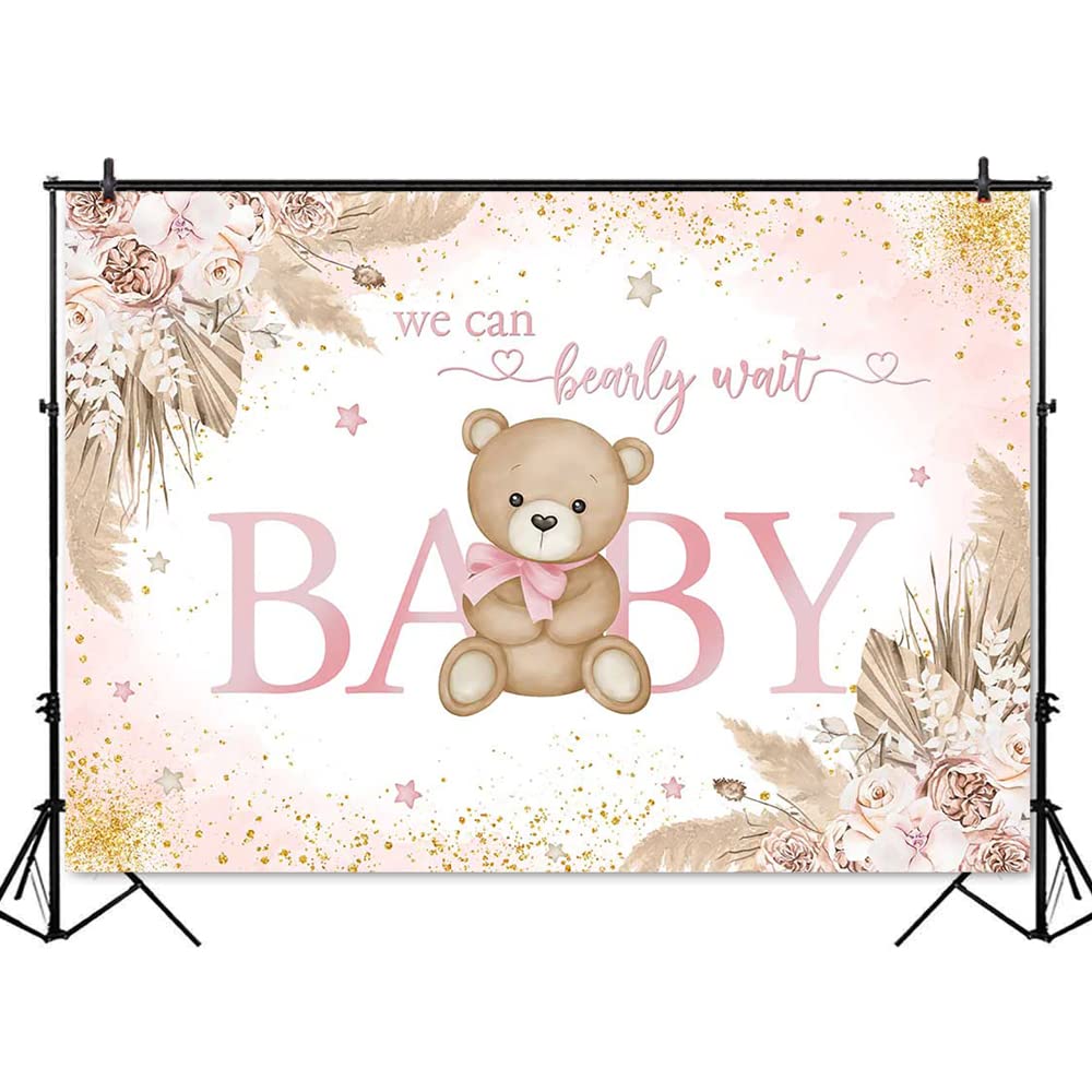 Mocsicka Girl Bear Backdrop Pink Boho Pampas Grass Background We Can Bearly Wait Baby Shower Party Cake Table Decoration Photo B