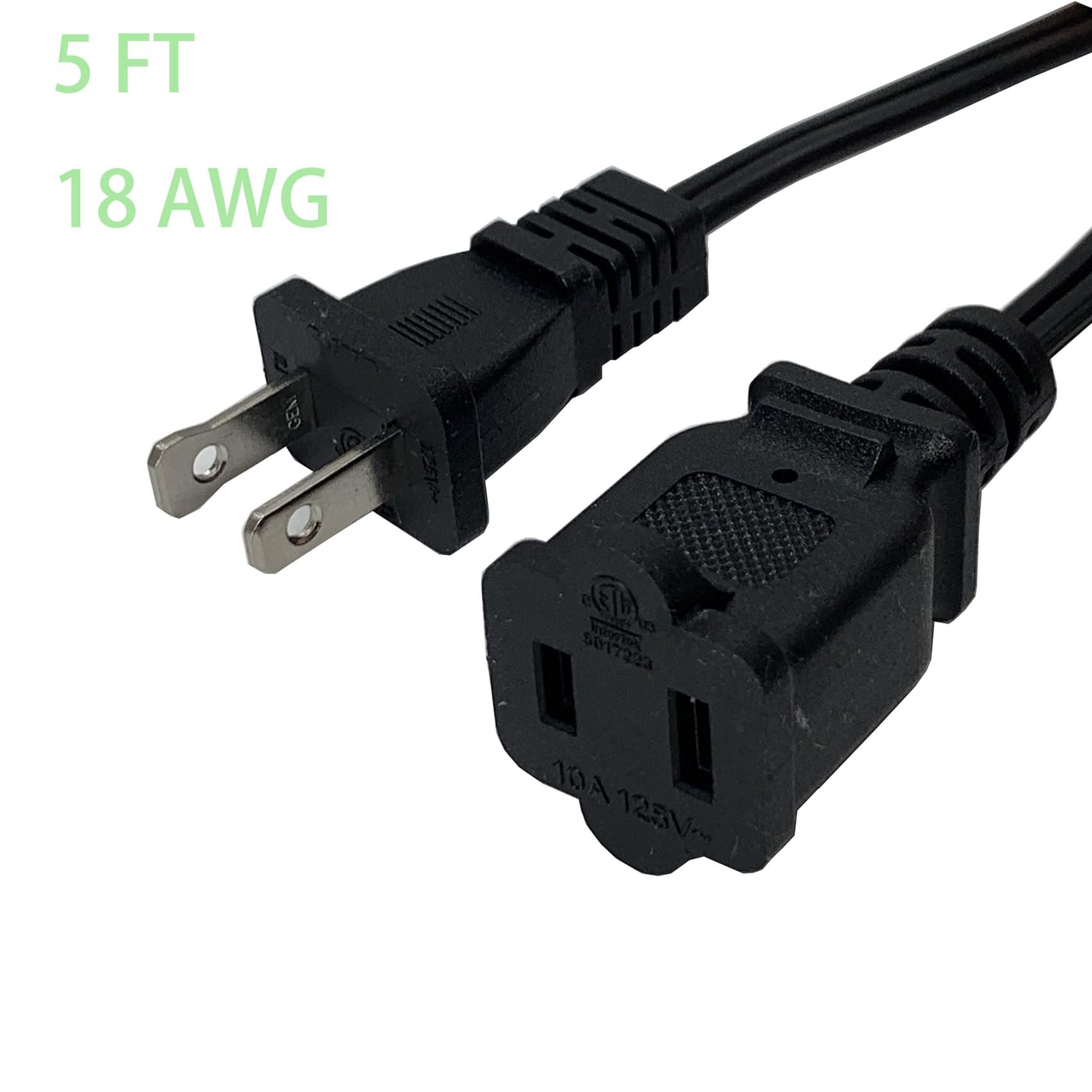 Short Extension Cord 5 Ft, 2 Prong Male Female Extension Cords, Black 18 Awg 10 A 125 V Power Cord Cable For Nema 1 15P To 1 15R
