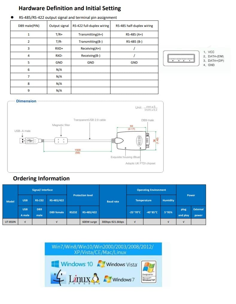 Utek Ut 850N 1 Port Usb To Rs 485/422 Serial Converter With Esd Protection