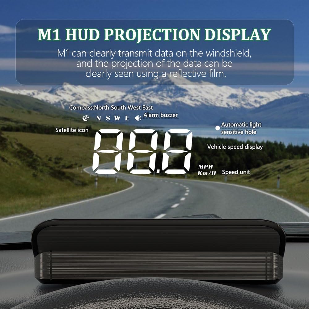 Liiiyuan M1 White Windshield Projection Heads Up Display, Digital Gps Speedometer With Speed, Travel Direction Function, And Ove