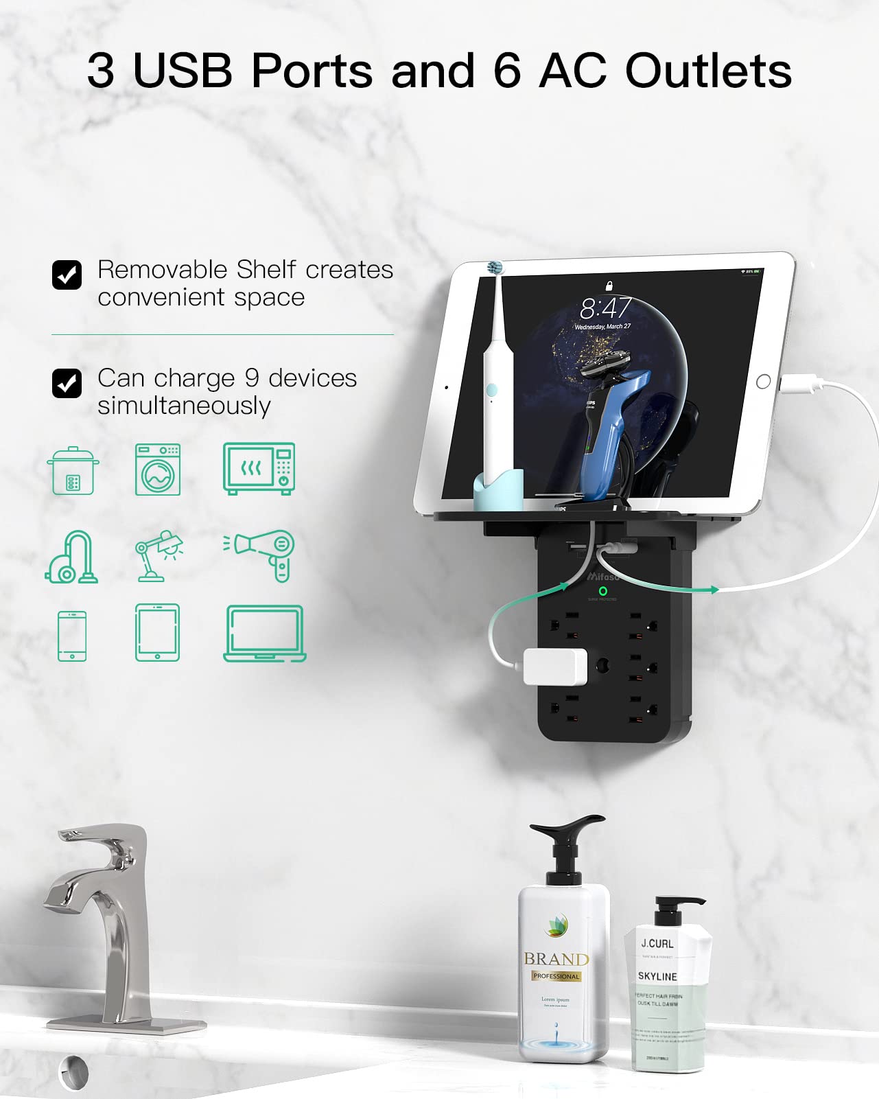 Wall Outlet Extender   Surge Protector 6 Ac Outlets Multi Plug Outlet With Shelf, 2 Usb And Usb C Charging Ports Wall Plug Expander, Usb Wall Charger Outlet Splitter For Home (Black)