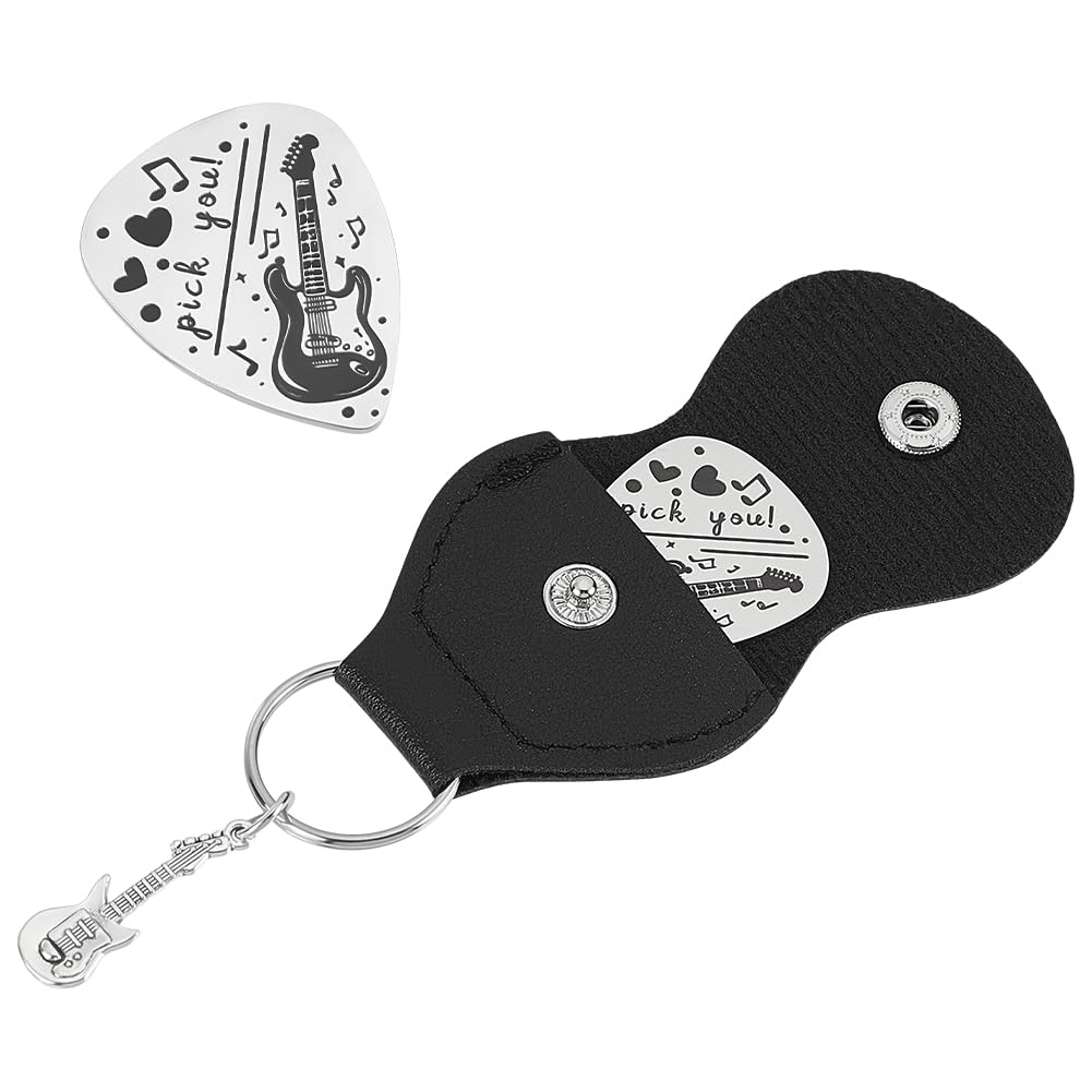 Unicraftale 1Pc Pick You Guitar Picks Gifts Stainless Steel Guitar Pick Keychain With Pu Leather Case Plectrum Guitar Set Gradua