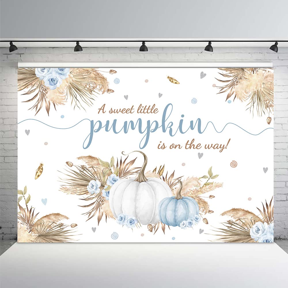 Mehofond 7X5Ft Autumn Boho Little Pumpkin Backdrop For Boy Baby Shower Fall Leaves Pampas Grass Thanksgiving Blue White Floral B