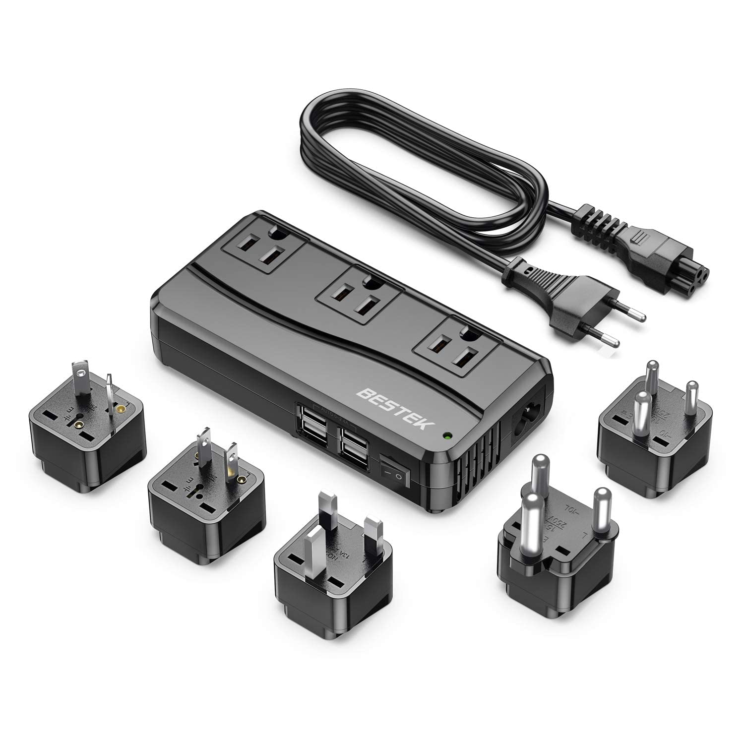 Bestek 250W Power Converter 3 Outlet And 4 Port Usb Travel Voltage Transformer 220V To 110V With Type G/D/M/Au/Us Travel Plug Adapters