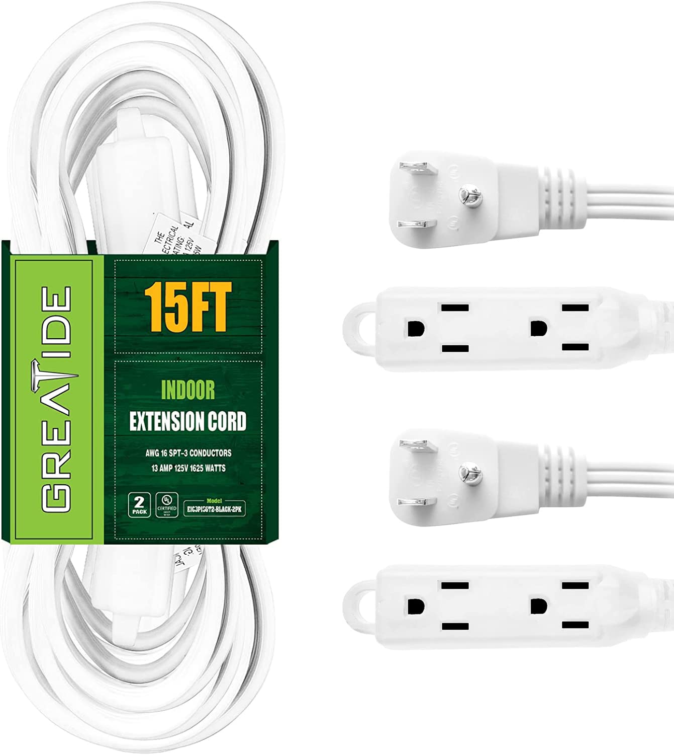 Greatide 15 Ft 3 Outlet Extension Cord With Flat Plug, 3 Prong Grounded, 16/3 Spt 3 Power Cable For Indoor Use, White, 2 Pack