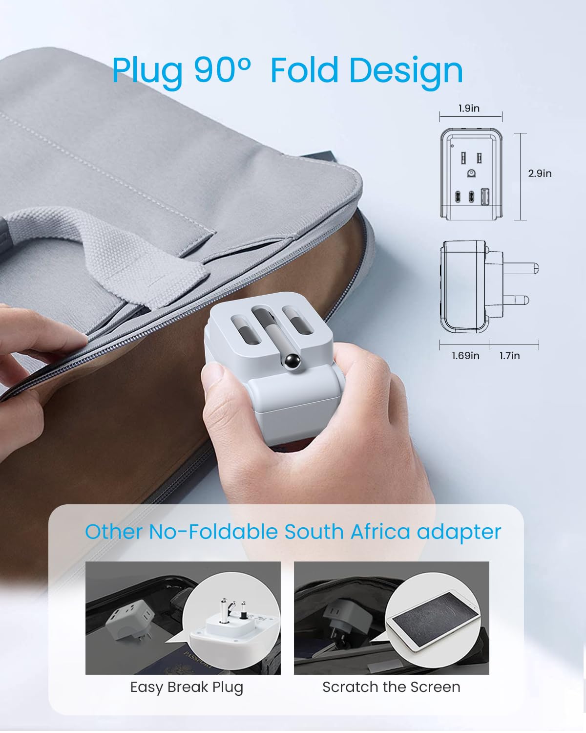 3 Pack South Africa Plug Adapter, Vintar Foldable Type M Adapter For South Africa With 2 Ac Outlets 3 Usb Ports(2 Usb C), Africa