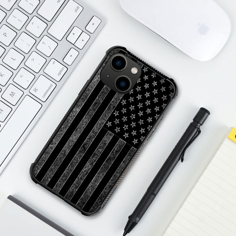 ZHEGAILIAN Phone Case Compatible iPhone 14 Plus Tempered Glass TPU Shock Protective Black White American Flag