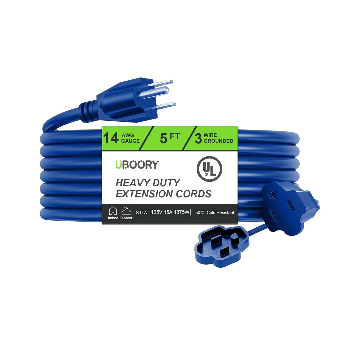 Outdoor Extension Cord Waterproof 5 Ft, Blue 14/3 Sjtw Heavy Duty, Flexible 100% Copper 3 Prong Extension Cord For Lawn, Garage,