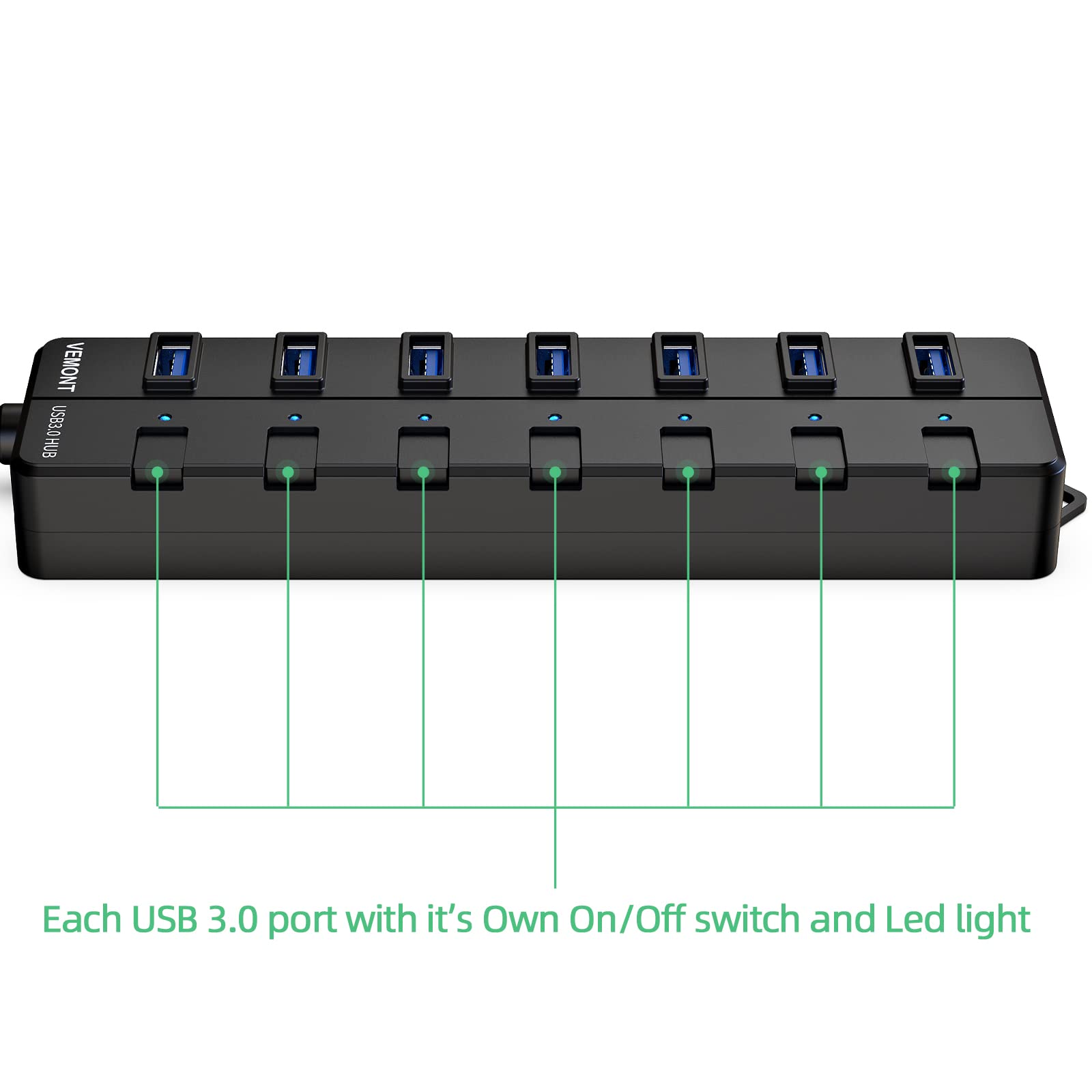Usb Hub,7 Port Usb 3.0 Hub,Vemont Usb Splitter With Individual On/Off Switches And Lights, 4Ft/1.2M Usb Hub Long Cable, Usb Extension For Laptop And Pc Computer