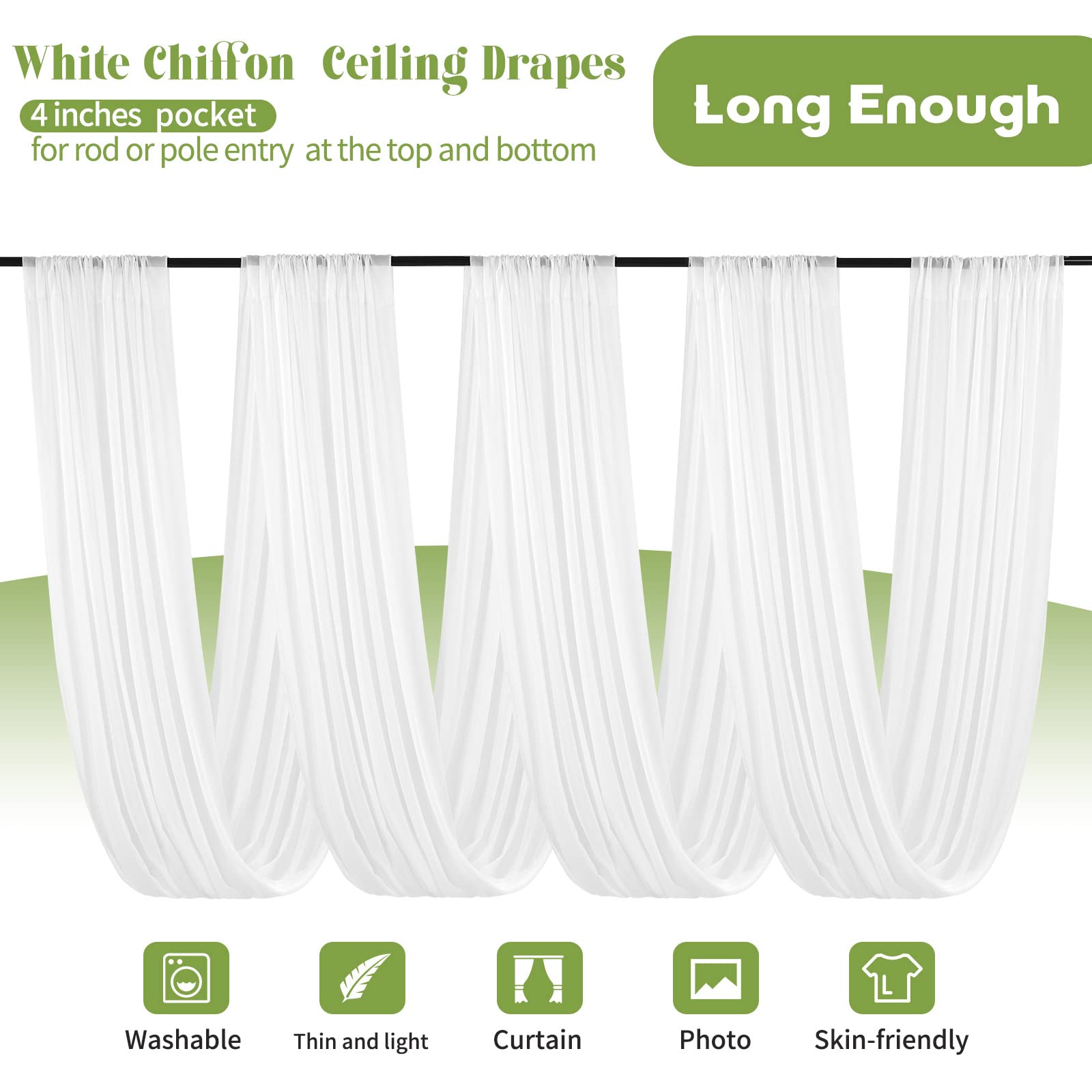 6 Panels White Ceiling Drapes For Wedding Ceiling Drapes 5Ftx20Ft Wedding Arch Draping Fabric Sheer Curtains Voile Chiffon Drape