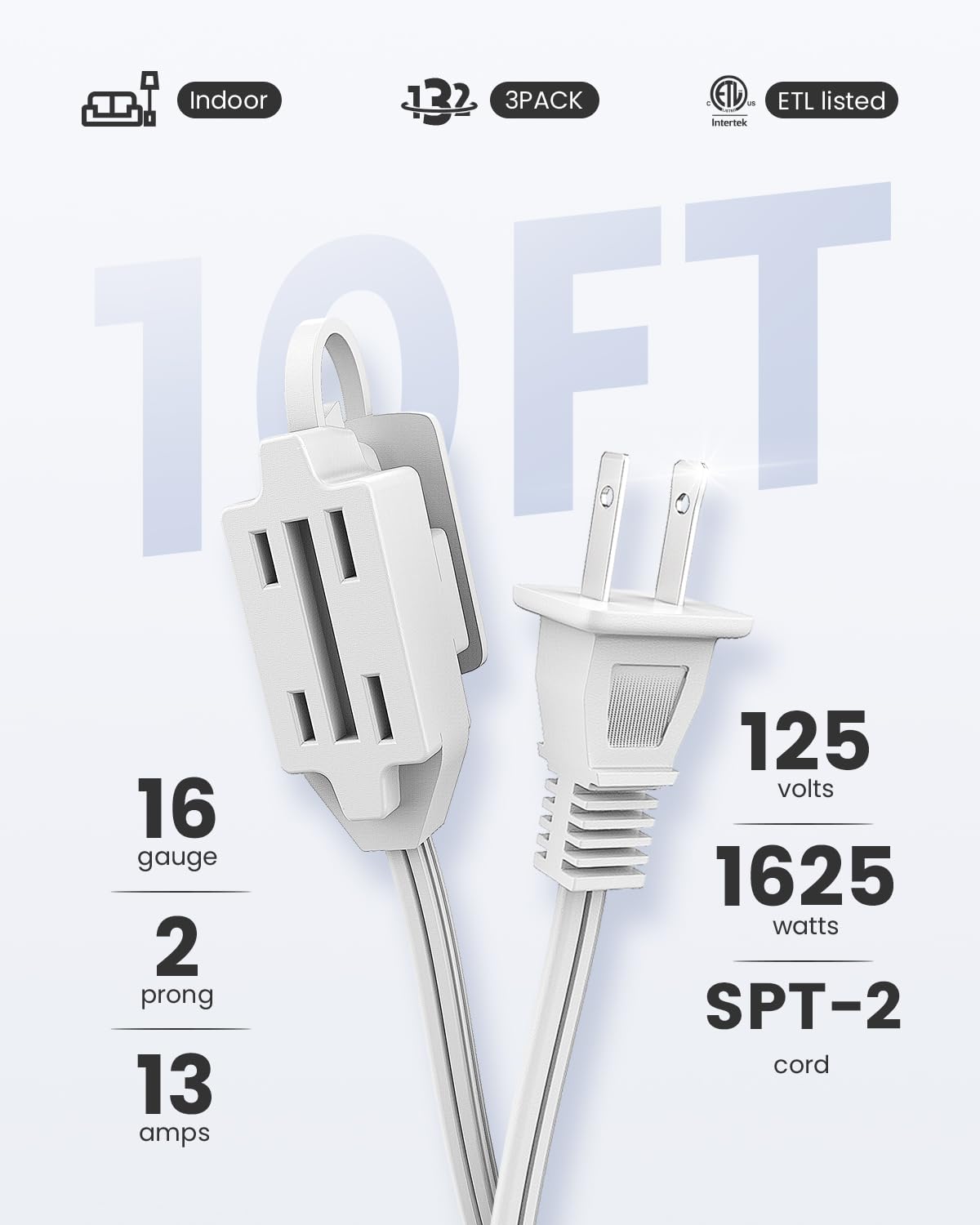 Plugtul Indoor Extension Cord 10 Ft, 2 Prong White Extension Cord, 3 Polarized Outlets With Safety Cap Protect For Home Office,