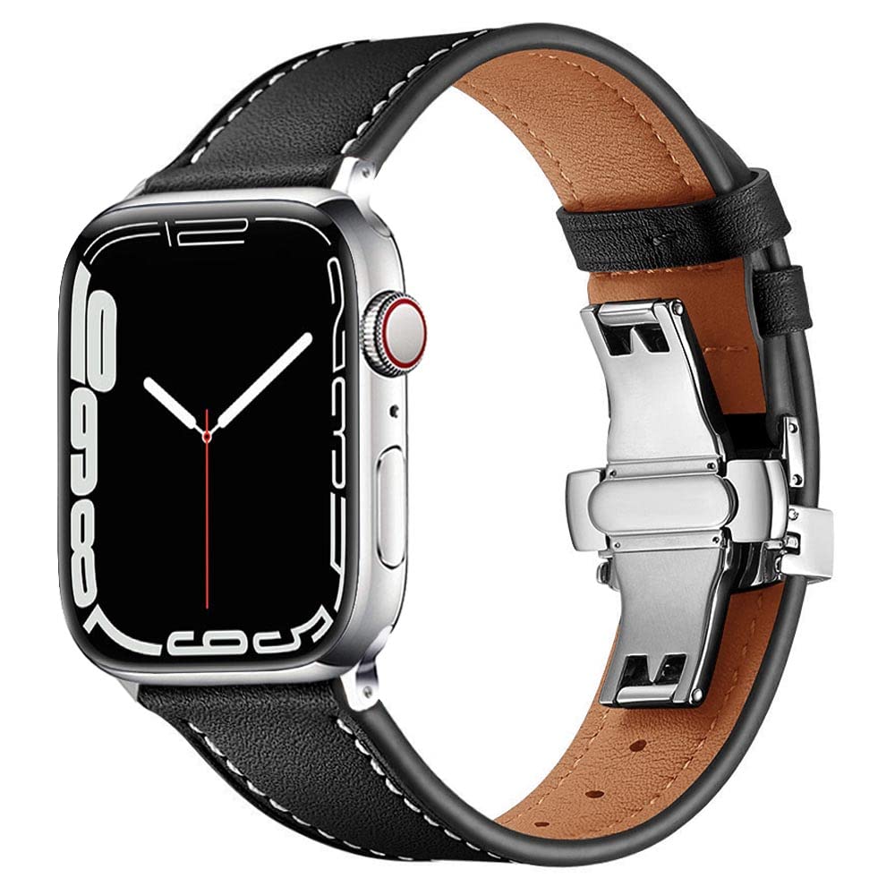 Botomall Compatible With Apple Watch Band 49Mm 45Mm 44Mm 42Mm Series Ultra 8 7 Se 6 5 4 3 2 1,Premium Soft Top Leather With 316L Stainless Steel Butterfly Buckle Replacement Straps For Iwatch