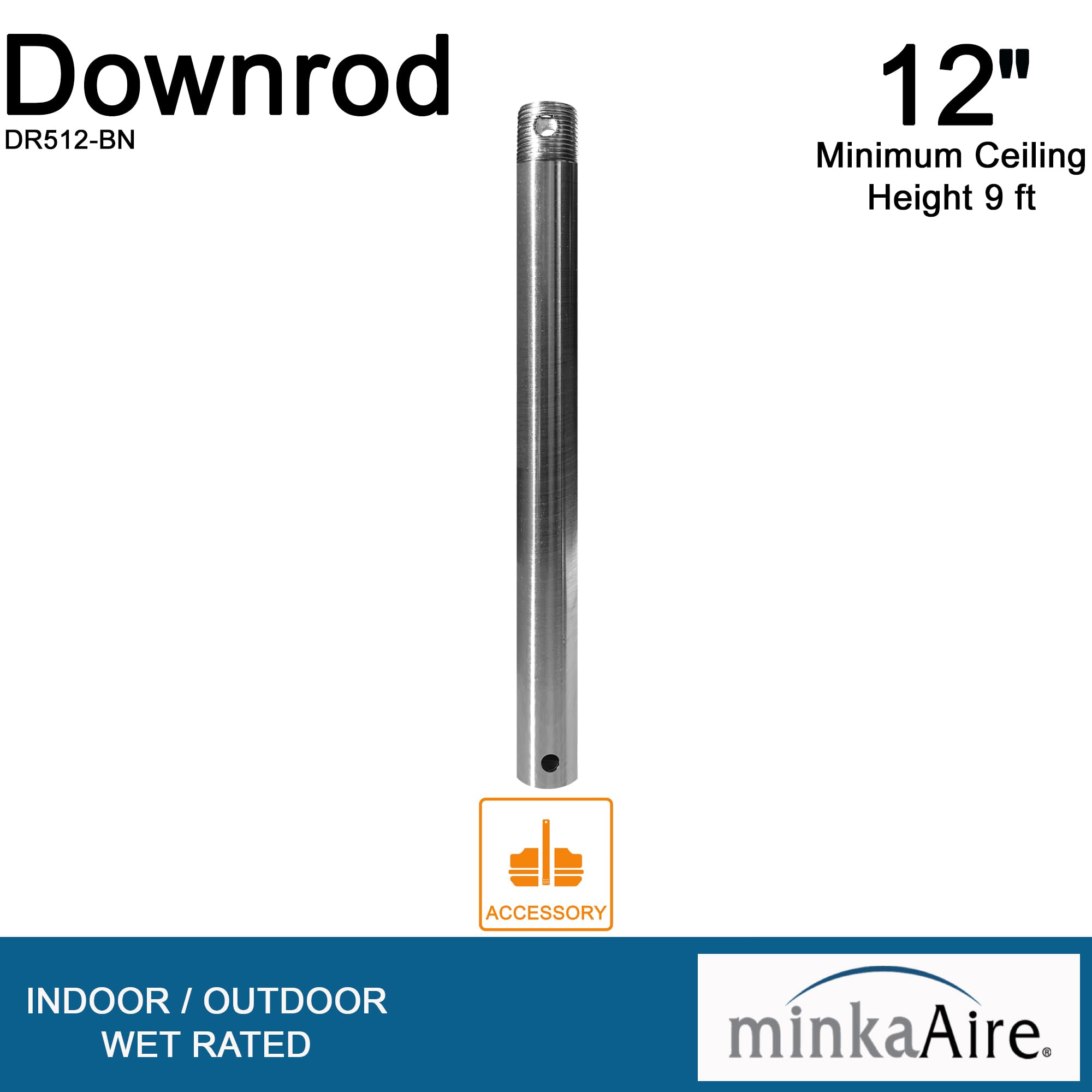 Minka-Aire 12 Inch Ceiling Fan Downrod - Brushed Nickel - Dr512-Bn