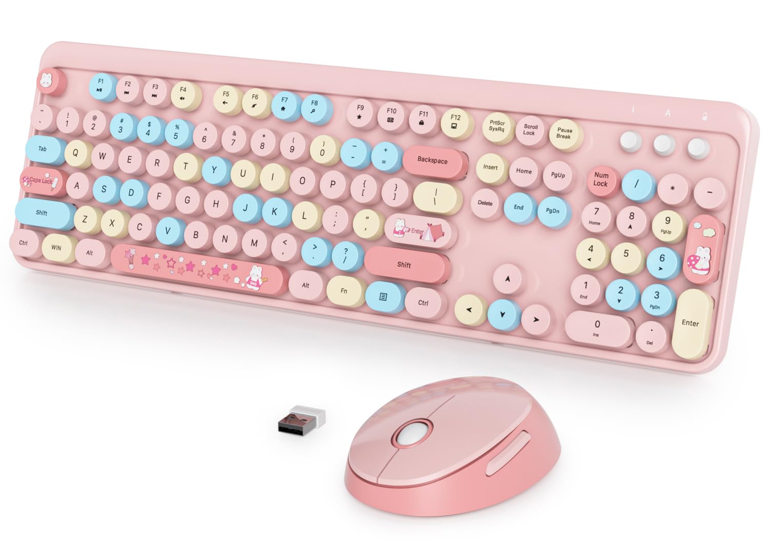 Fogruaden Pink Keyboard And Mouse Wireless, Retro Typewriter Keyboard, 2.4Ghz 104 Keys Full Size Cute Keyboard With Number Pad,