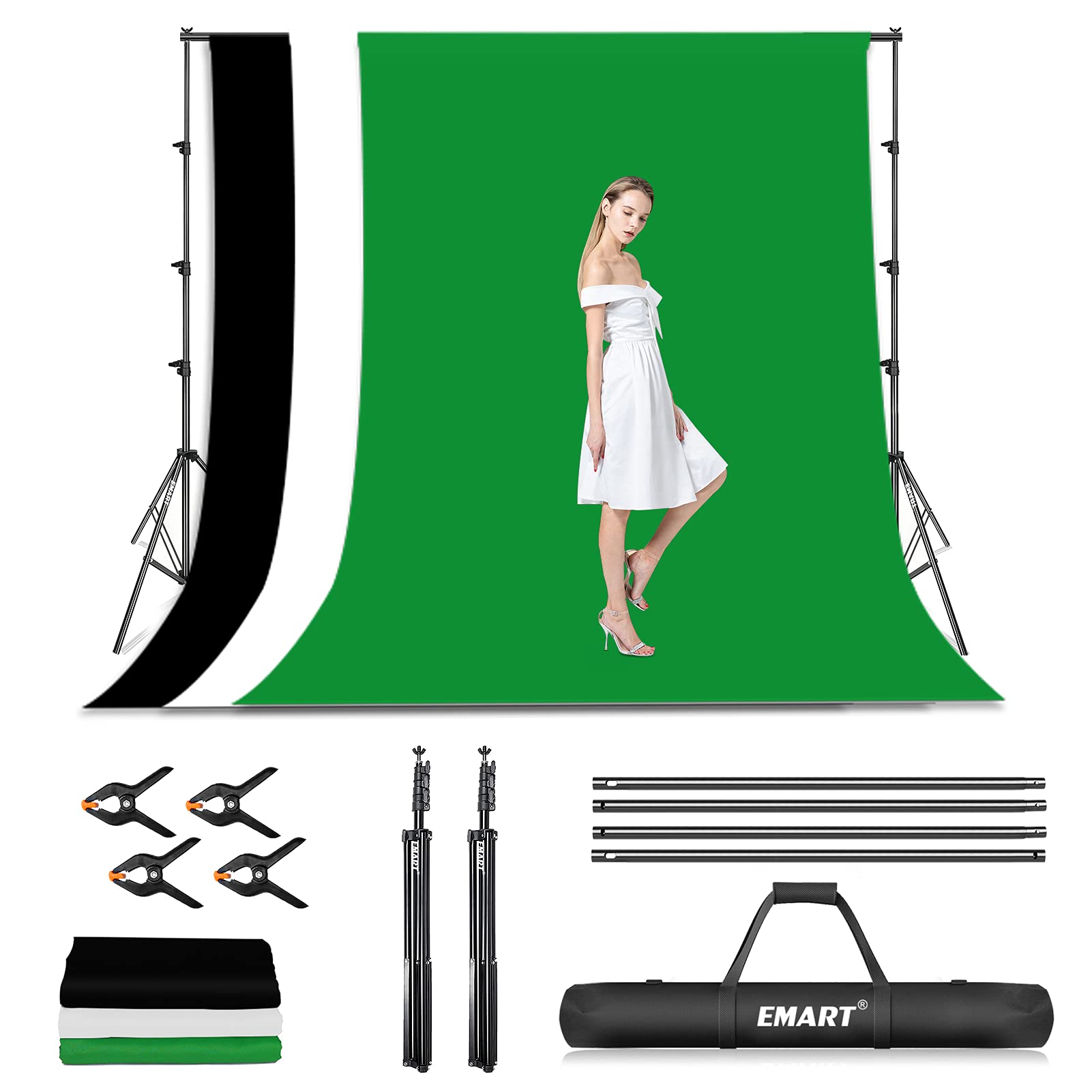 Emart Photo Video Studio Backdrop Stand Kit, 8.5X10Ft Adjustable Photography Greenscreen Support System With 3 Polyester Backgrounds For Photoshoot (Black White Green)