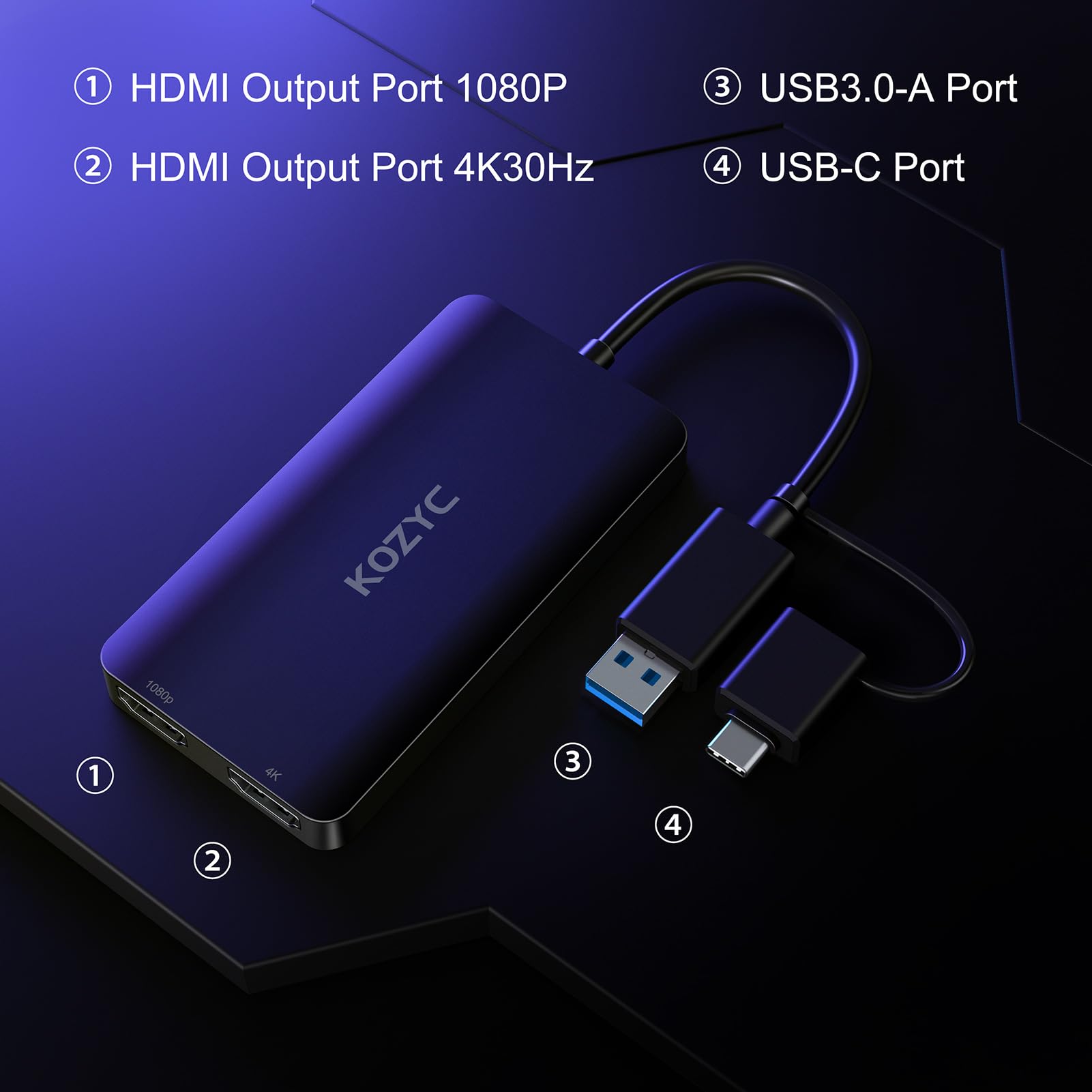 Kozyc Usb 3.0 To Hdmi Splitter Extended Display Dual Monitors, Usb 3.0-A/C To Dual Hdmi Adapter 4K@30Hz+1080P@60Hz Compatible Ma