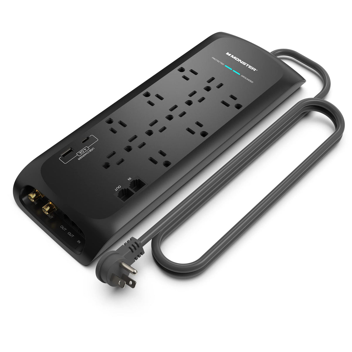 Monster Black Heavy Duty Surge Protector Power Strip 6 Ft Cord With 12 120V Outlet Extension, 2 Ethernet Switch Ports, 4050J Rat