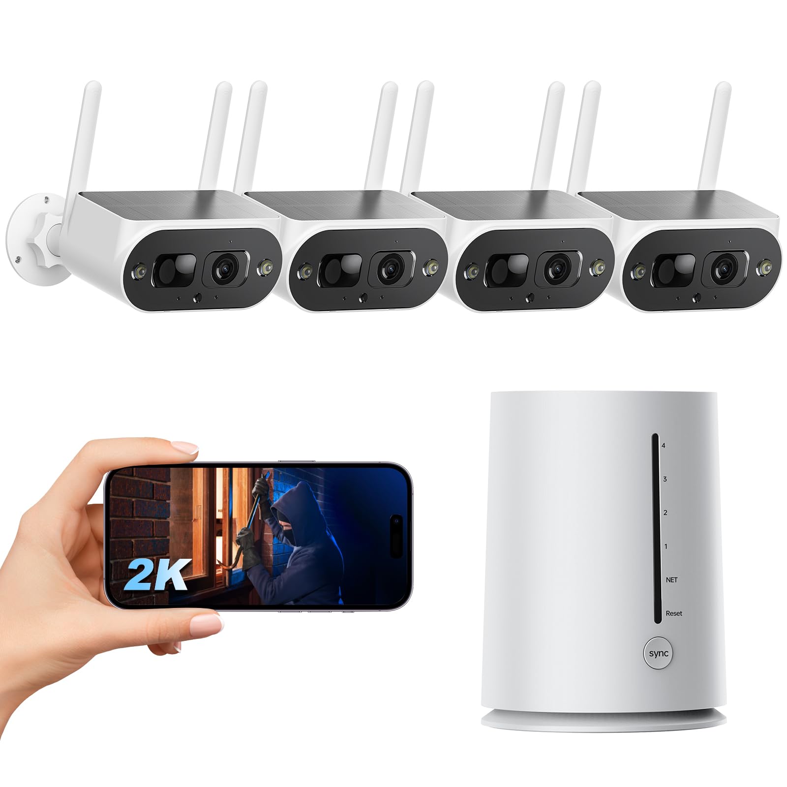 Camcamp Solar Home Security Camera System Wireless Outdoor, 2K 4Mp Battery Camera With Integrated Solar Panel, 100% Wire Free 4 Cam Kits, 2 Way Talk, Ip66, Spotlight & Siren Alarm