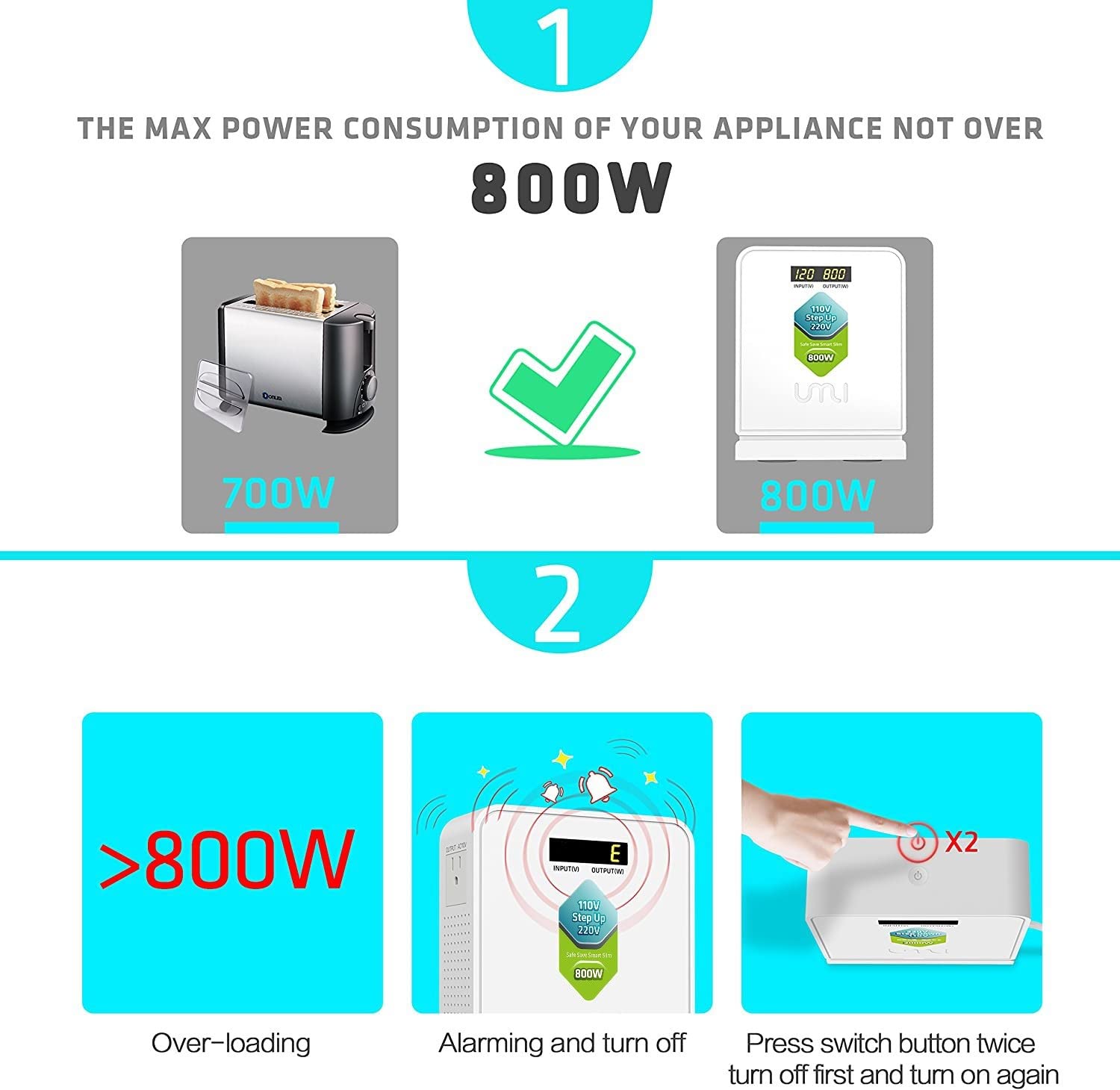 Umi Step Up 110V To 220V Voltage Converter 800W For Europe And Asia 220 240V Appliance Use In Us Canada Mexico   Power Transform