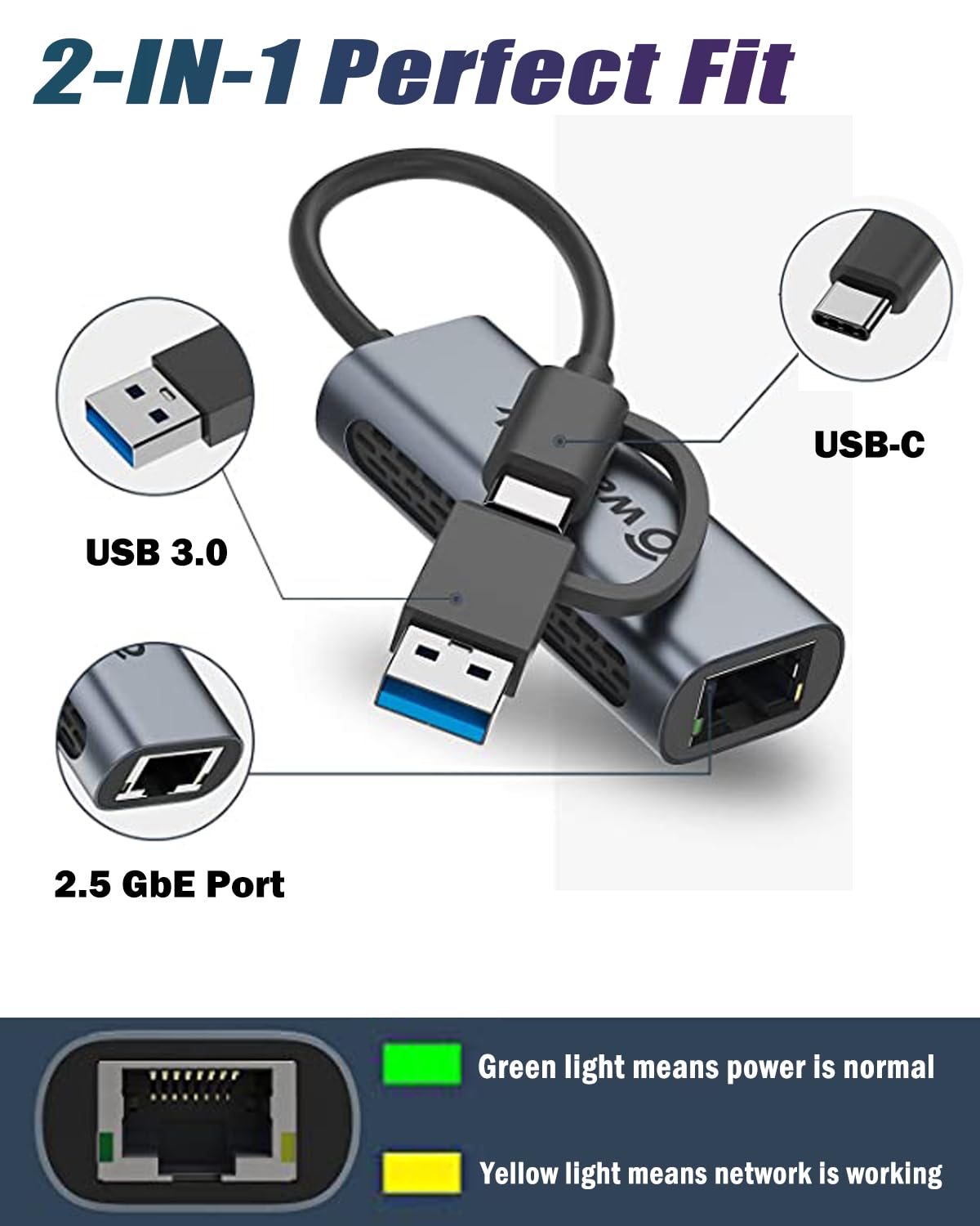 Wavlink Usb C To Ethernet Adapter 2.5 Gbps, 2 In 1 Usb To 2.5G Ethernet Adapter, Usb C To Rj45 Network Converter (Thunderbolt 4/
