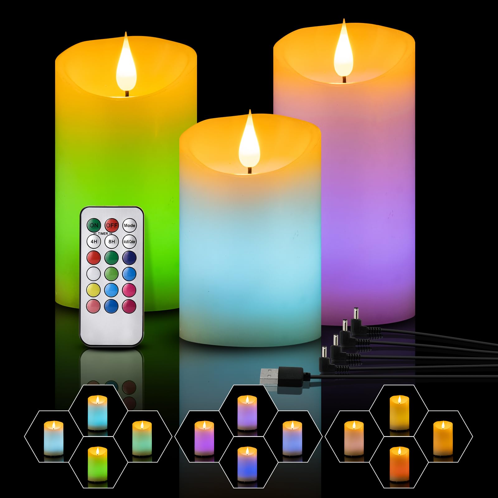 Luzzup Rechargeable Colored Candles With Remote, Flameless Candles Come With Timer, 3D Realistic Flame, Real Wax Coated, Adjusta