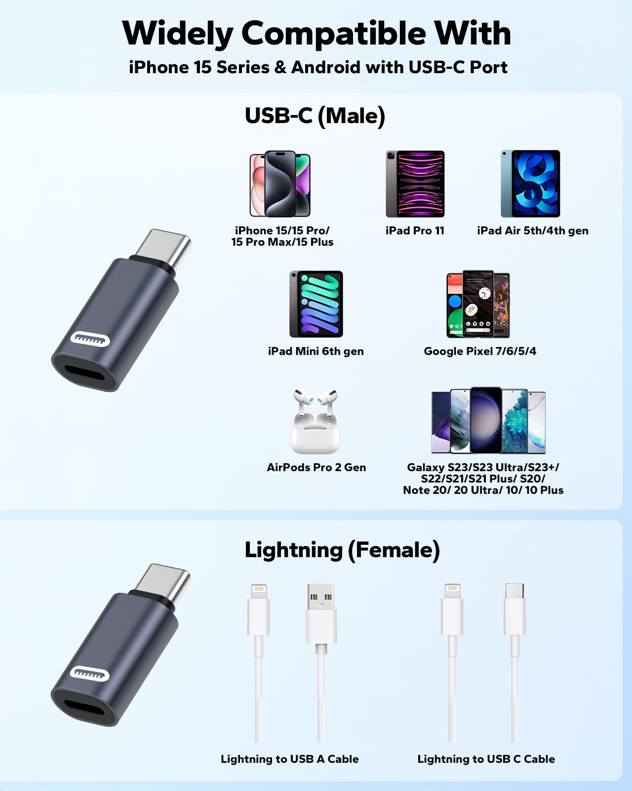 MoKo Lightning Female to USB C Male Adapter, 2Pack USB C to Lightning Adapter for iPhone 15/16 Pro/16 Pro Max/Plus,Galaxy S24, iPad Pro/Air,for Fast Charging/Data Transfer, Not for Audio/OTG, Gray PD