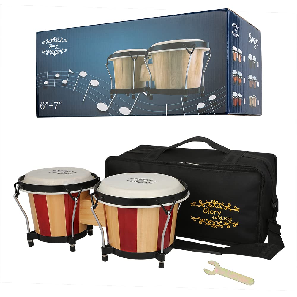 Glory Bongo Drums 6 and 7 Wood Percussion Instrument Bongos with bag a ...