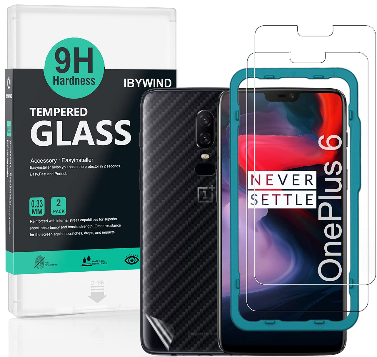 Ibywind Screen Protector For Oneplus 6,With 2Pcs Tempered Glass,1Pc Backing Carbon Fiber Film [Fingerprint Reader,Easy To Instal
