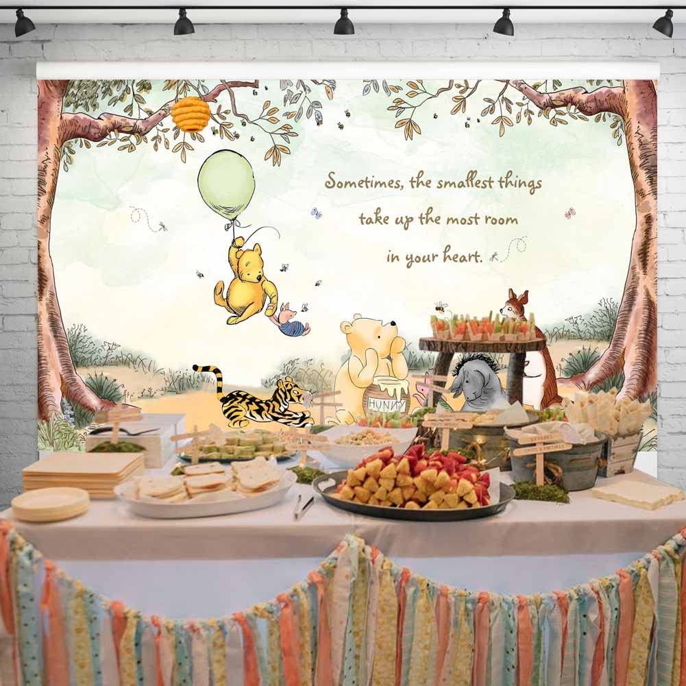 Vintage Pooh Bear Baby Shower Decorations Classic Winnie Neutral Backdrop With Green Balloon Newborn Birthday Cake Table Backgro