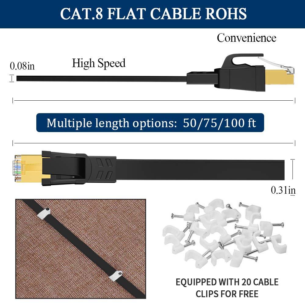 Deego Cat 8 Ethernet Cable 100 Ft, High Speed Flat Network Cable Shielded With Gold Plated Rj45 Connector, 30Awg Lan Gaming Ethe