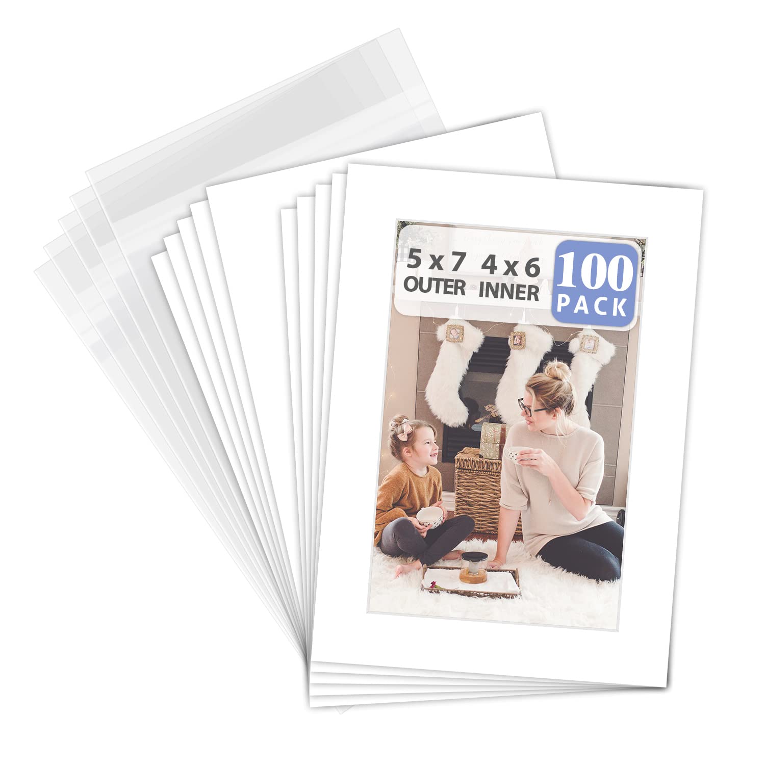 Pack Of 100 5X7 White Picture Mats Mattes With White Core Bevel Cut For 4X6 Photo + Back + Bags
