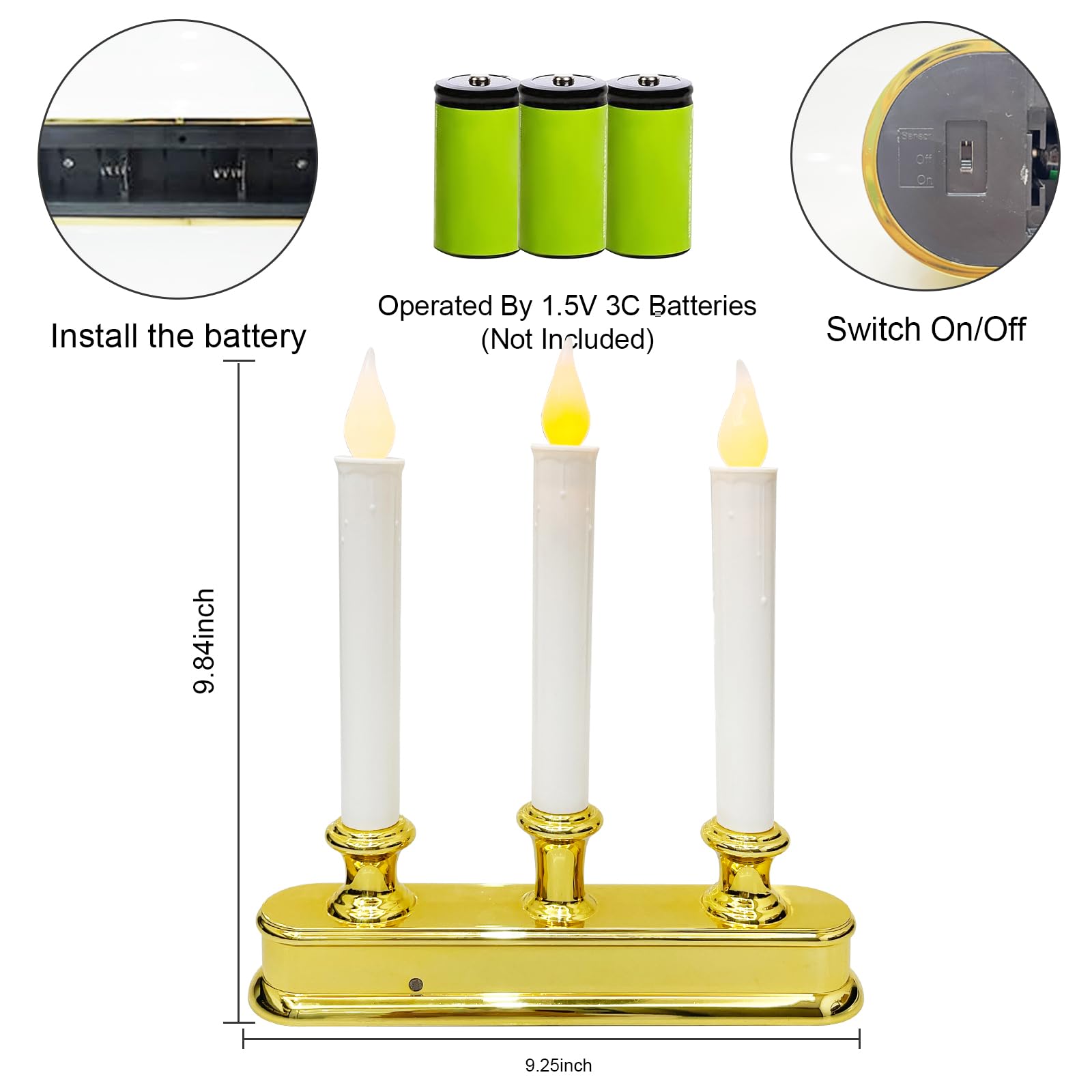 Bokoiuu Christmas Window Candle Lamps, 3 Lights Flameless Flicker Led Lights And Golded Base, Battery Powered Window Candle Fit