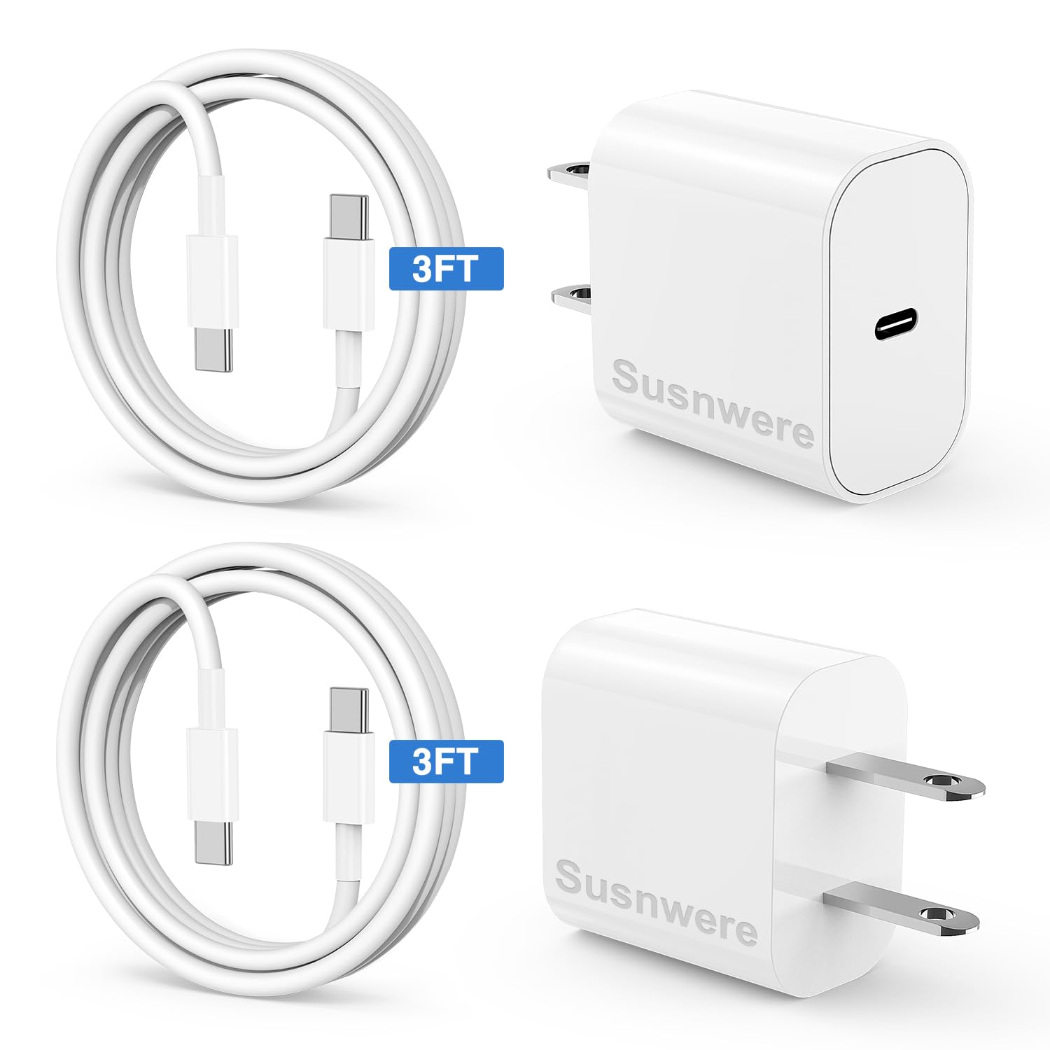 Susnwere Iphone 15 Charger 3 Ft With 20W Usb C Charger Block,2 Pack 20W Fast Wall Charger For 15/15 Pro/Pro Max/Ipad Pro Airpods/Samsung And More, With 2 Pack 3Ft Usb C Cable