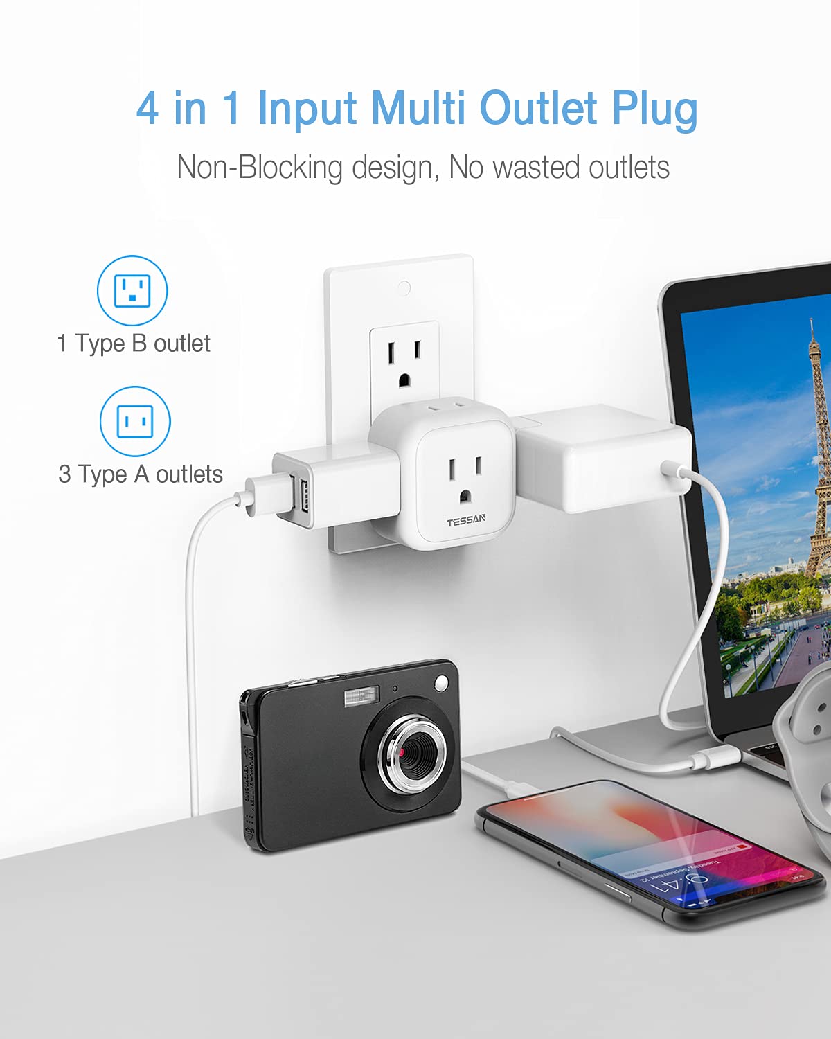 Multi Plug Outlet Extender, Tessan Multiple Plug Splitter With 4 Electrical Outlets, 2 Packs Wall Tap Power Plug Expander For Cr