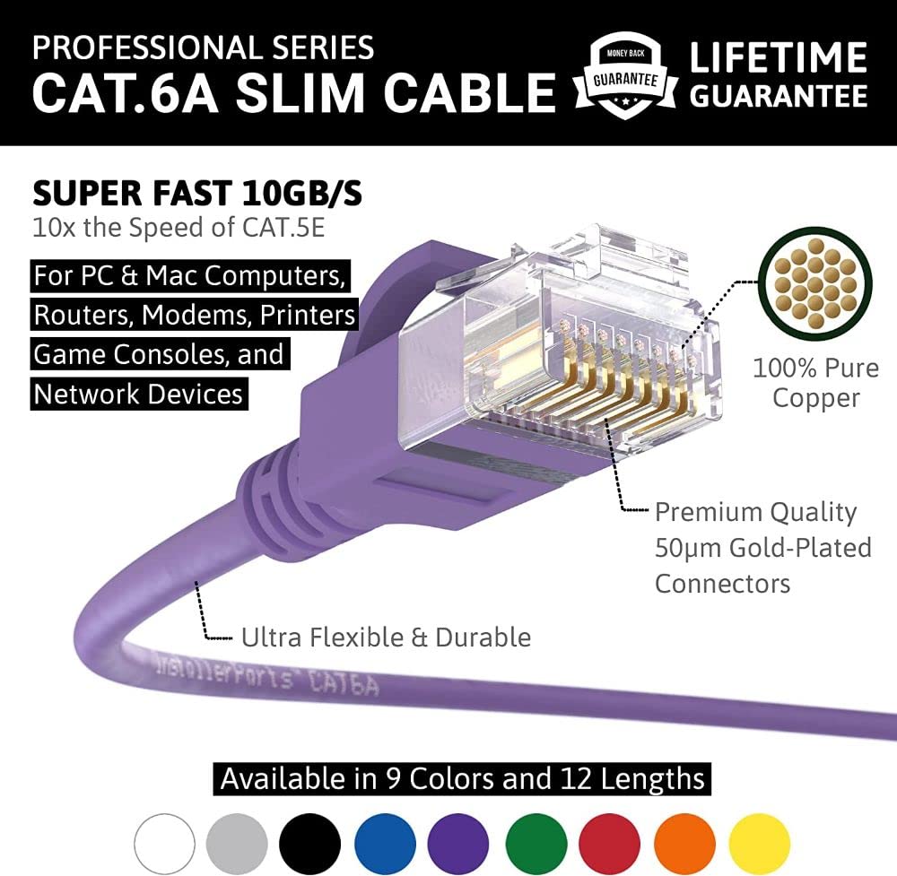 Installerparts Ethernet Cable Cat6A Slim Cable Utp Booted 50 Ft   Purple   Professional Series   10Gigabit/Sec Network/High Spee