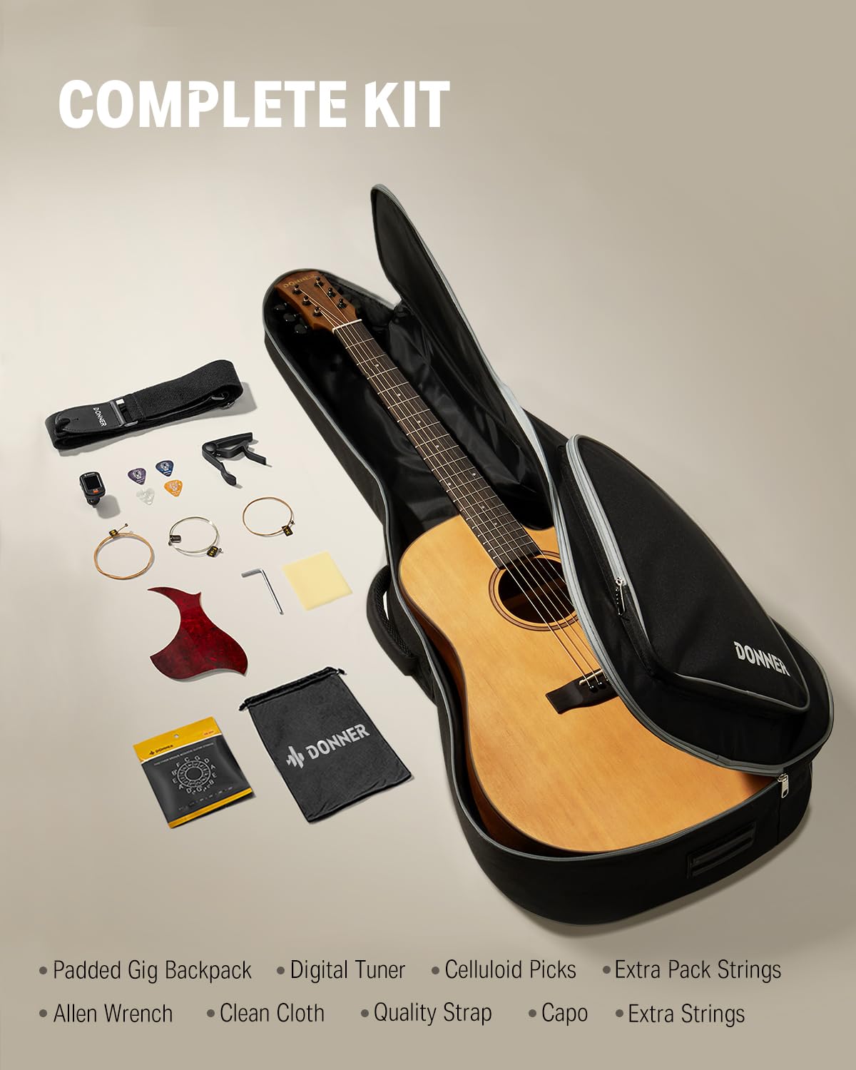 Donner 41    Acoustic Guitar Bundle For Beginners Adults With Online Lesson, 4/4 Full Size Steel Acustica Guitarra With Gig Bag,