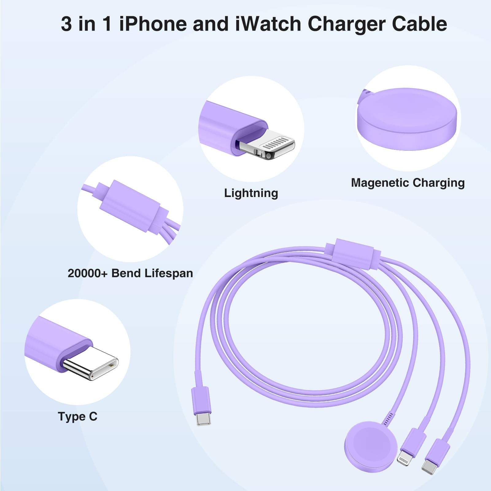 QZIIW 3-in-1 USB-C Magnetic Charging Cable for Apple Watch iPhone iPad 6 FT Purple