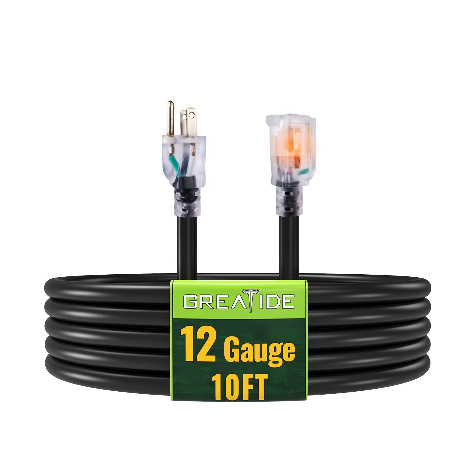 Greatide Outdoor Extension Cord With Lighted End, 12 Gauge Heavy Duty 10 Ft, 3 Prong Grounded 15 Amp, 12/3 Sjtw Waterproof Power