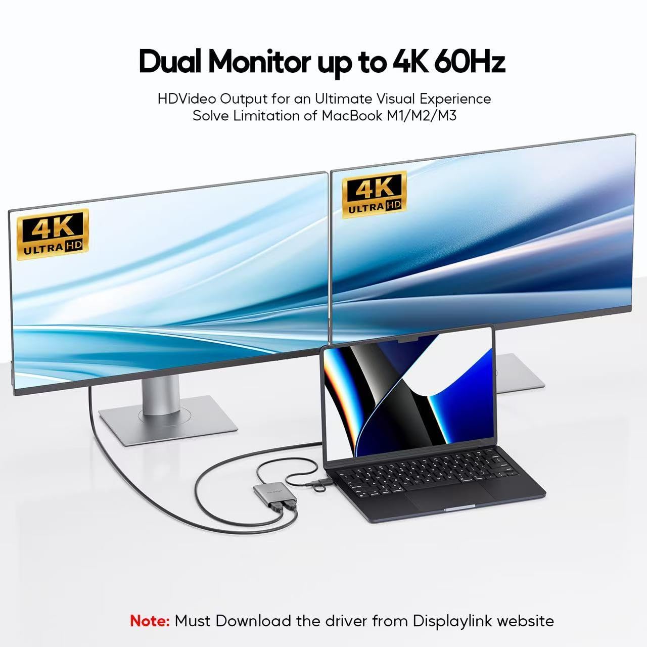 Pulwtop Displaylink Adapter, Usb C To Hdmi Adapter With Dual Monitor For Mac M1/M2/M3/M4, Usb C To Dual Hdmi For Macbook, Laptop