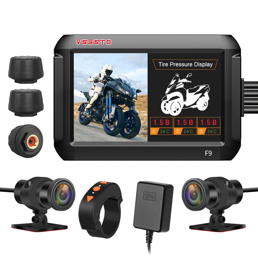 Vsysto Motorcycle Dash Camera With 3 Tire Pressure Sensors, Wifi Waterproof Gps 4'' Screen Hd 1080P 150 Wide Angle S-Ony307 Fron