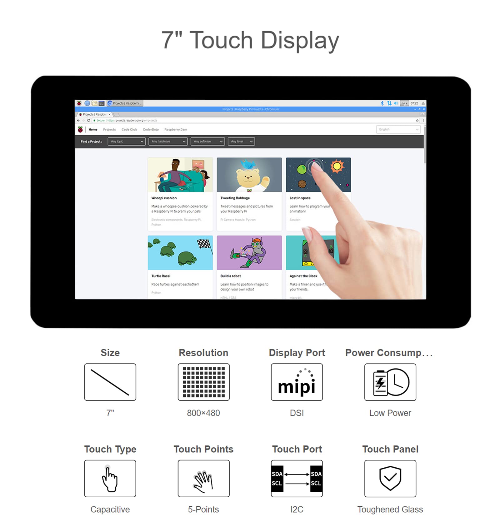 Waveshare 7 Inch Dsi Lcd Touch Screen 800  480 Monitor For Raspberry Pi 4B/3B+/3A+/3B/2B/B+/A+, Capacitive Tft Display Module Te
