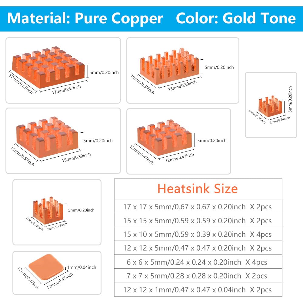 Geeekpi 18Pcs Pure Copper Heatsinks For Raspberry Pi 5/4B, Cpu Cooler With Thermal Conductive Adhesive Tape