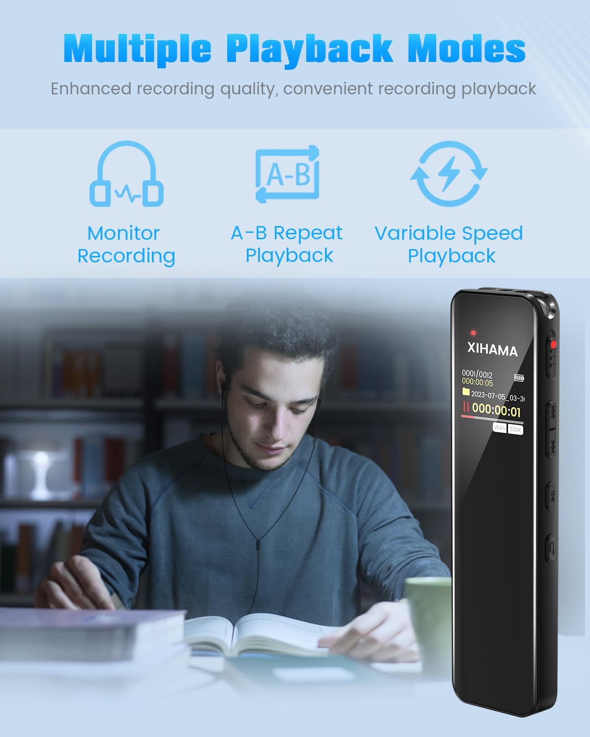 64Gb Digital Voice Recorder With Playback, A B Repeat, Variable Speed Play, Voice Activated Recorder For Lectures, Recording Mon