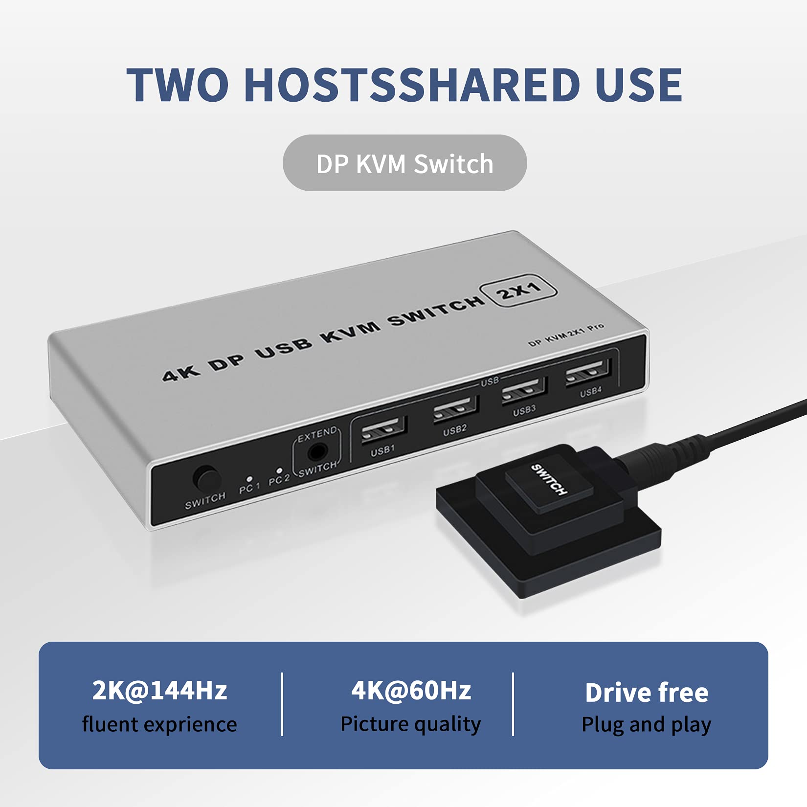 2 Port Displayport Kvm Switch 4K@60Hz, Bolaazul Dual-Port Displayport Dp 1.2 Kvm Switcher 2X1 4Kx2K@60Hz 2K(2560X1440)@144Hz Sup
