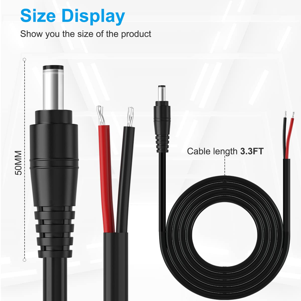 Dc Power Pigtail Cable,16Awg Dc Barrel Plug Connector 2.1Mm X 5.5Mm Dc Male Plug To Bare Wire Open End Power Wire Supply Repair