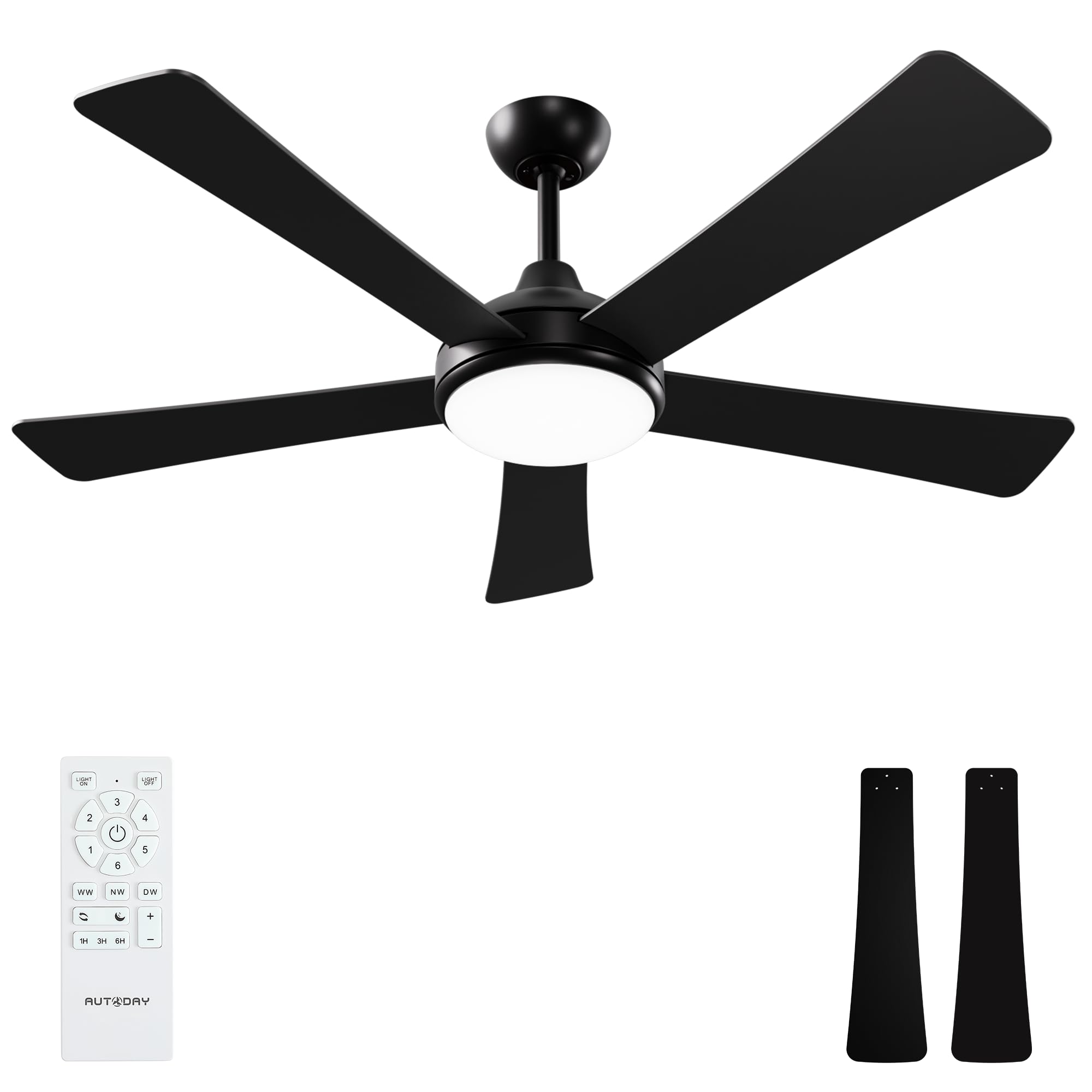 Autoday 52 Inch Ceiling Fans with Lights and Remote - Black Ceiling Fan with Light, Quiet Reversible DC Motor, Dimmable Tri-Colo