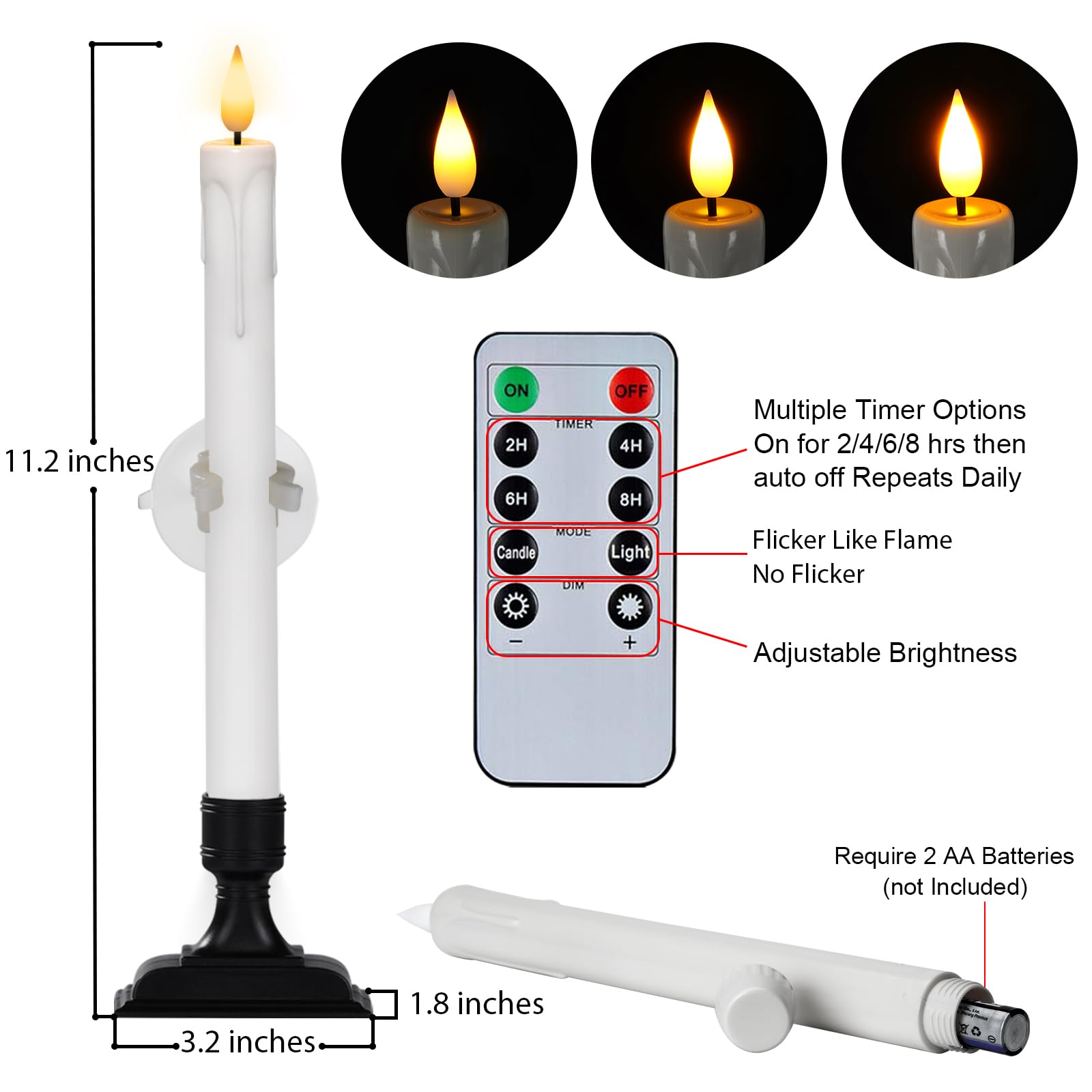 Homemory 6 Pcs Window Candles With Remote Timer Dimmer, Battery Operated Taper Candles With Holders And Suctions, White Christma